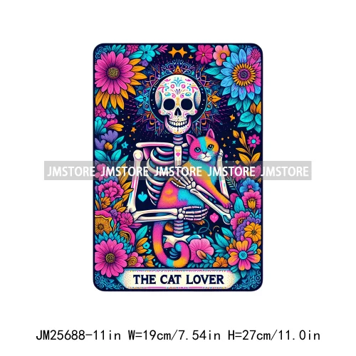 Custom Flower La Chismosa Dog Cat Lover Badass Skull Tarot Card  DTF Iron On Heat Transfers Stickers Ready To Press For Hoodies