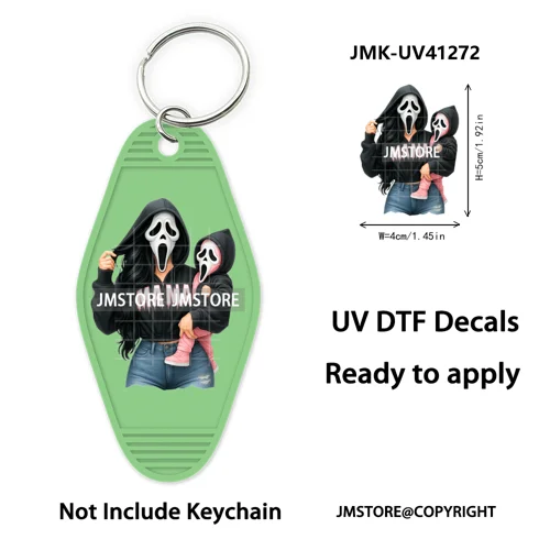 Halloween Horror Mama Kids Ghost Girl Coffee UV DTF Motel Keychain Decal Ready To Ship Transfer Sticker Print For Hotel Keychain