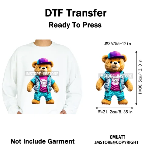 12in Cool Retro Urban Streetwear Graffiti Hip Hop Teddy Bear Iron On DTF Washable Transfers Stickers Ready to Press For Clothing