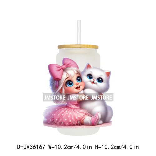 Lovely Pink Girl Hug Cat Bear UV Sticker Decals For Libbey Cold Cup Mug Tumbler Transfer Stickers Waterproof High Quality Labels