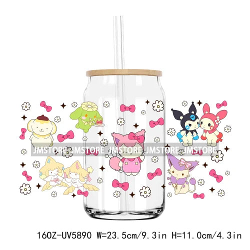 Flower Cartoon Cat With Pink Bow 16OZ UV DTF Cup Wrap Transfer Sticker Custom Label Durable Waterproof Logo For Libbey Glass Can