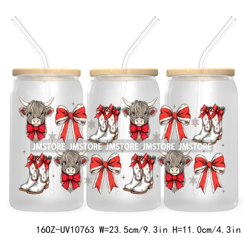 Christmas Highland Cow Coquette Bow 16OZ UV DTF Cup Wrap Waterproof Transfer Stickers For Libbey Glass Can Christmas Gingerbread