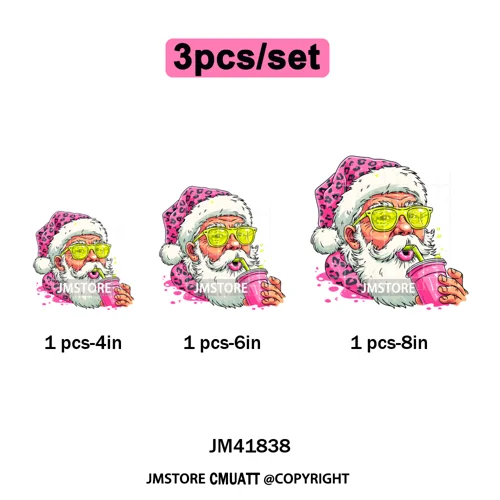 Pink Cartoon Glasses Coffee Drink Leopard Blowing Santa Claus Christmas Iron on DTF Transfer Stickers Ready to Press for T-shirt