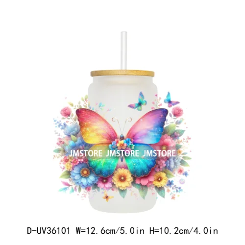 Vibrant Rainbow Butterfly Floral UV Sticker Decals For Libbey Cold Cups Mug Tumbler Transfer Stickers Durable Top Quality Labels