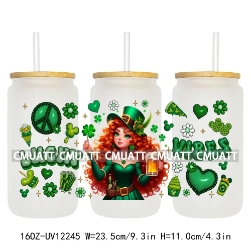 Happy St Patricks Cartoon Princess Characters Feeling Lucky Four Leaf Clover 16OZ UV DTF Cup Wrap Sticker For Libbey Glass Can