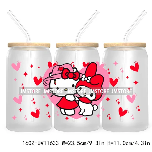 Cute Cartoon Couple XOXO Valentine's Day UV DTF Cup Wrap Transfer Stickers For 16OZ Libbey Glass Can Cupid Vibes Love Hearts