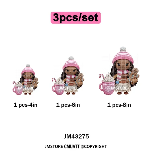 Faux Yarn Pink Hot Cocoa Cartoon Character Santa Cozy Christmas Iron on  DTF Transfers Stickers Ready to Press for T-shirts Bags