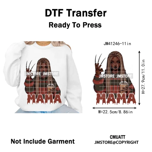 Coffee Lover Afro Mama Spooky Halloween Killer Cartoon Women Iron on Washable DTF Transfers Stickers Ready to Press for Hoodies