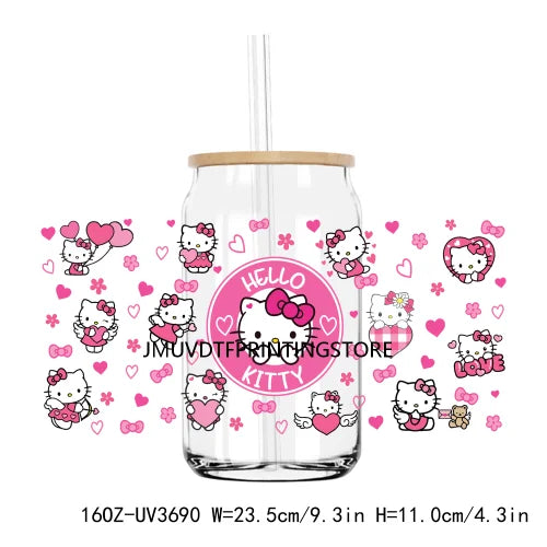 Cartoon Hello Girl Cat Valentine's Day UV DTF Sticker For 16OZ Libbey Glass Cup Can Wrap Transfer Sticker Custom Labels DIY Logo