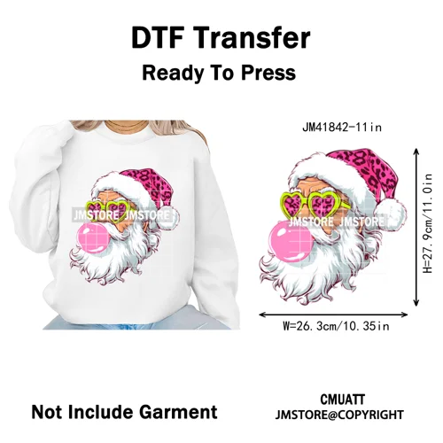 Pink Cartoon Glasses Coffee Drink Leopard Blowing Santa Claus Christmas Iron on DTF Transfer Stickers Ready to Press for T-shirt