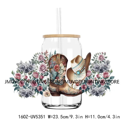 Country Girl Western Cow Hat Boots 16OZ UV DTF Cup Wrap Transfer Stickers Custom Labels DIY Waterproof Logo For Libbey Glass Can