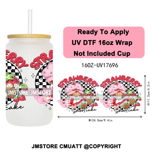 90s Cartoon Strawberry Characters Coquette Bow 16OZ UV DTF Cup Wraps Ready To Apply Transfer Stickers For Libbey Glass Can Mugs