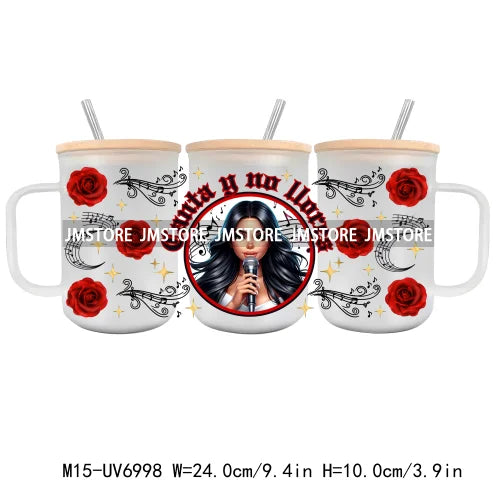 Cartoon Chicano Girls Rose UV DTF Glass Can Wrap For 15OZ Mug Coffee Cup Transfer Sticker DIY Custom Logo Labels Mexican Culture