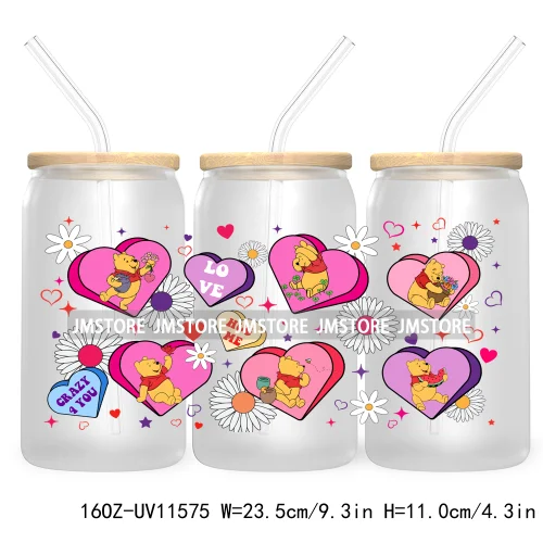 Pink Valentine Candy Heart UV DTF Sticker For 16OZ Libbey Glass Cup Can Wrap Custom Transfer Stickers Be My Boo Valentines Ghost