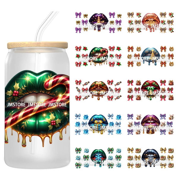 Colorful Christmas Lips Holiday Gifts Xmas Balls UV DTF Wraps Transfer Sticker Waterproof Logo For 16OZ Libbey Glass Can Tumbler