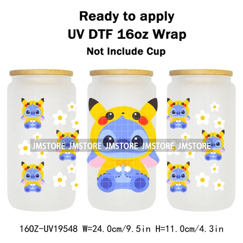 Watercolor Cartoon Character In Costumes UV DTF Wraps Ready To Apply Transfer Stickers Waterproof For 16OZ Libbey Glass Can Mugs