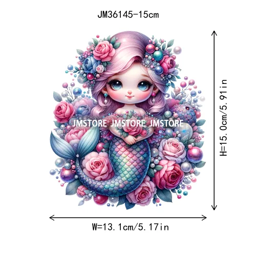 15cm 5.9in Cute Kid Flower Mermaid Iron On DTF Heat Transfer Sticker For Clothes Printed Thermal Applique Washable T-Shirt Decal