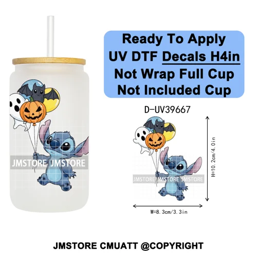 Halloween Cartoon Characters UV DTF Transfer Stickers Decals Ready To Apply Waterproof For 16OZ Libbey Glass Can Cups Tumbler