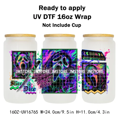 Retro Halloween Neon Scary Movie Character 16OZ UV DTF Cup Wrap Ready To Apply Waterproof Transfer Stickers For Libbey Glass Can
