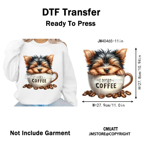 Funny Cartoon Pet Puppy Small Sleeping Cozy Coffee Dogs Lover Iron on DTF Washable Transfers Sticker Ready to Press for Clothing