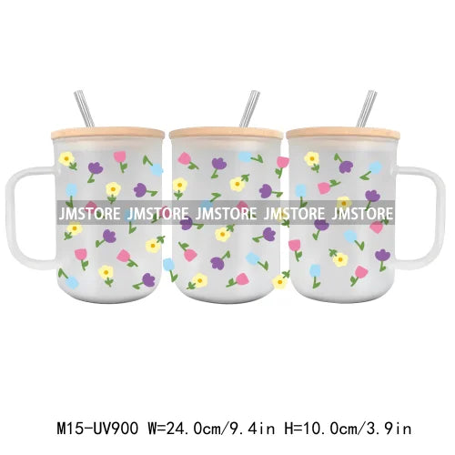 Floral Wildflowers Plants Butterfly UV DTF Glass Can Wrap For 15OZ Mug Coffee Cup Transfer Stickers DIY Custom Logo Labels