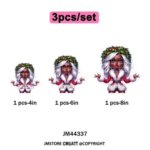 Cool African Melanin Girls Christmas Season Holiday Moody Iron on Washable DTF Heat Transfer Stickers Ready to Press for Hoodies