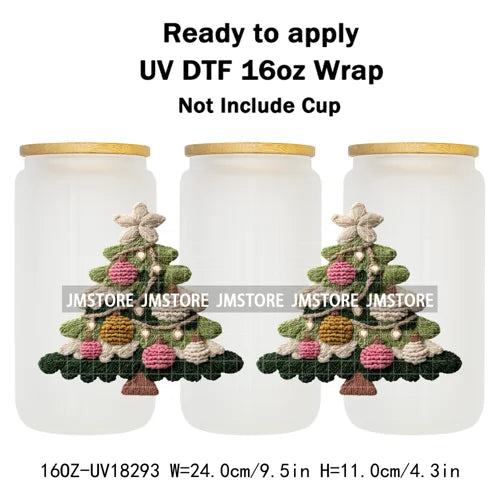 Faux Yarn Christmas Reindeer UV DTF Cup Wrap Ready To Apply Transfer Stickers Durable 16OZ Tumbler Wraps For Libbey Glass Can