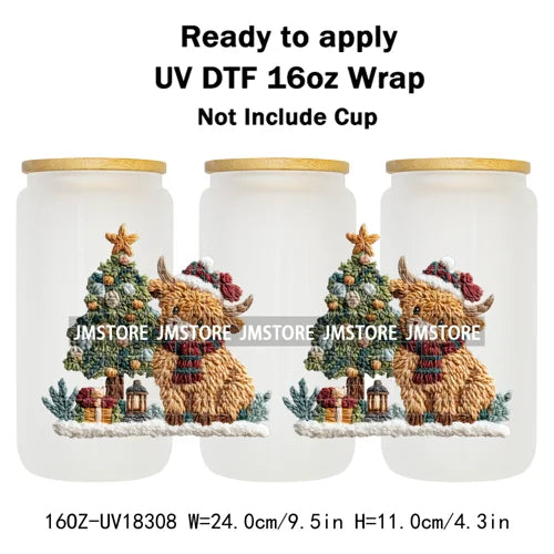 Faux Crochet Yarn Christmas Highland Cow 16OZ UV DTF Cup Wraps Ready To Apply Waterproof Transfer Stickers For Libbey Glass Can