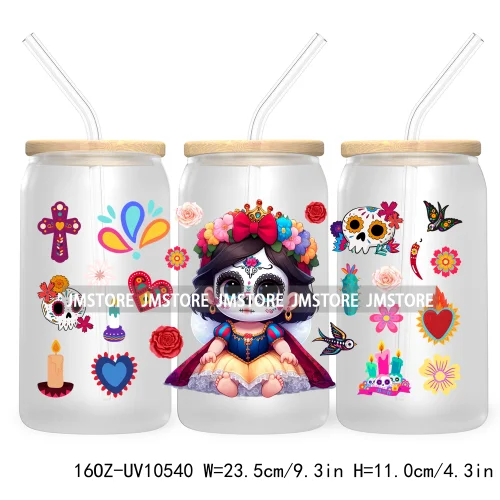 Dia De Los Muertos Mexican UV DTF Sticker For 16OZ Libbey Glass Cup Can Wrap Transfer Stickers Hispanic Halloween Sugar Skulls