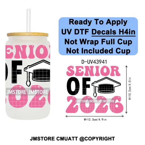 Girly University Graduation 2026 UV DTF Decals Ready To Apply Waterproof Transfer Stickers DIY Crafts For 16OZ Libbey Glass Can