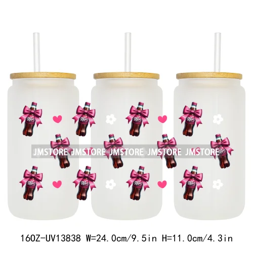 Soft Drink Pink Bow Coquette Strawberry UV DTF Wraps Transfer Sticker Selfadhesive Waterproof  For 16OZ Libbey Glass Can Tumbler