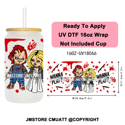 Scary Couple Halloween Villain UV DTF Cup Wrap Ready To Apply Transfer Stickers Durable 16OZ Tumbler Wraps For Libbey Glass Can