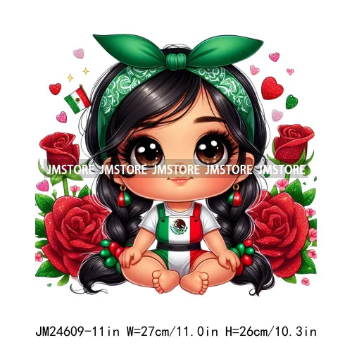 Cute Chibi Mexican Girl Designs Hispanic Red Rose Green Coquette Bow Latina Princess Iron On DTF Transfers Stickers For T-shirts