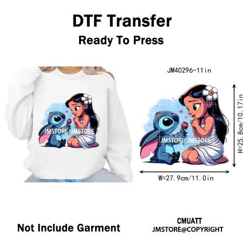 Cute Cartoon Blue Animal Princess Best Friends Designs Iron on DTF Washable Transfers Stickers Ready to Press for Clothing Bags