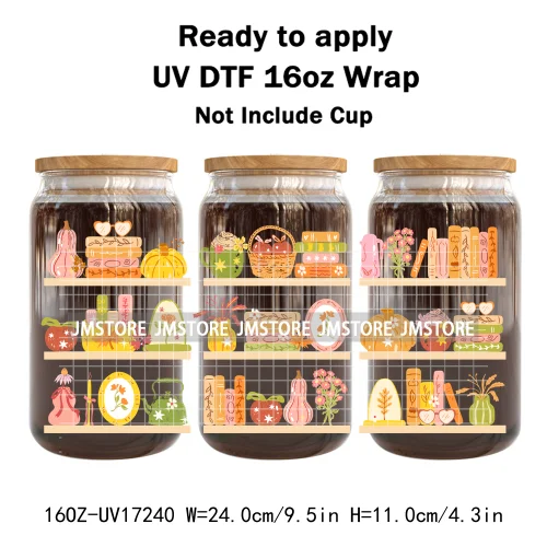 Bookish Autumn Fall Coquette Pumpkins Season UV DTF Wraps Transfer Sticker Selfadhesive Waterproof For 16OZ Libbey Glass Can Mug