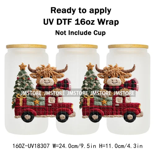 Faux Crochet Yarn Christmas Highland Cow 16OZ UV DTF Cup Wraps Ready To Apply Waterproof Transfer Stickers For Libbey Glass Can