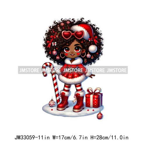 Cute Santa Hat Baby Afro Girls Coquette Bow Christmas Festive Holiday Iron On DTF Transfer Stickers Ready To Press For Clothing