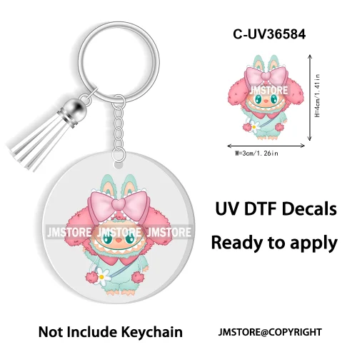Coquette Bow Cartoon Monsters Doll In Costume Decal Round Keychain Ready To Apply UV DTF Transfer Stickers For Circle Keychain