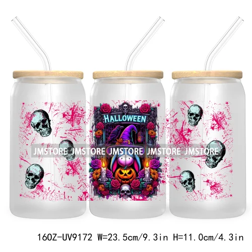 Cartoon Halloween Witch Skull Pumpkins UV DTF Sticker For 16OZ Libbey Glass Cup Can Wrap Transfer Stickers Custom Label DIY Logo