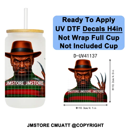 Black Horror Dad Halloween Spooky Daddy UV DTF Decals Ready To Apply Waterproof Transfer Stickers For 16OZ Libbey Glass Can Cups