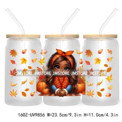 Afro African Girl 16OZ UV Cup Wrap DTF Transfer Stickers For Libbey Glass Can Cups Tumbler Fall Season Autumn Waterproof Labels