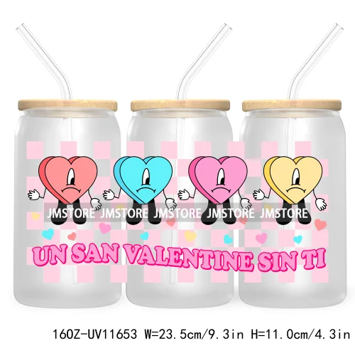 Cute Cartoon Couple XOXO Valentine's Day UV DTF Cup Wrap Transfer Stickers For 16OZ Libbey Glass Can Cupid Vibes Love Hearts