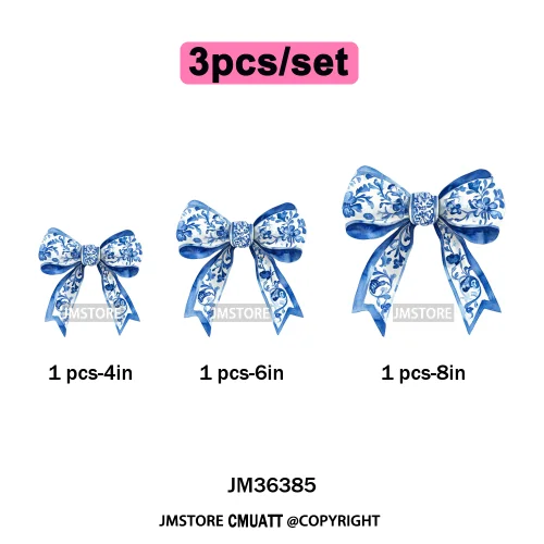 Blue And White Toile Chinoiserie Floral Coquette Bow Thermal Decals Iron on DTF Transfers Stickers Ready to Press for Clothing
