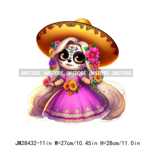 Colorful Day Of The Dead Catrina Princess Baby Girl Sombrero Hat Mexico Conchas Iron On DTF Heat Transfers Stickers For Clothing