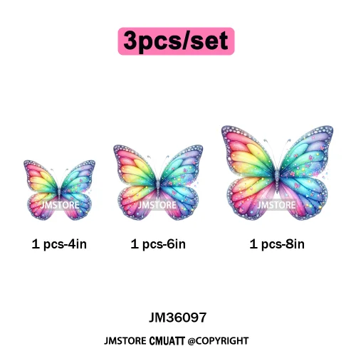 Colorful Sparkling Rainbow Butterflies Flowers Lovers Washable Iron on DTF Transfers Stickers Diy Ready to Press for Clothes