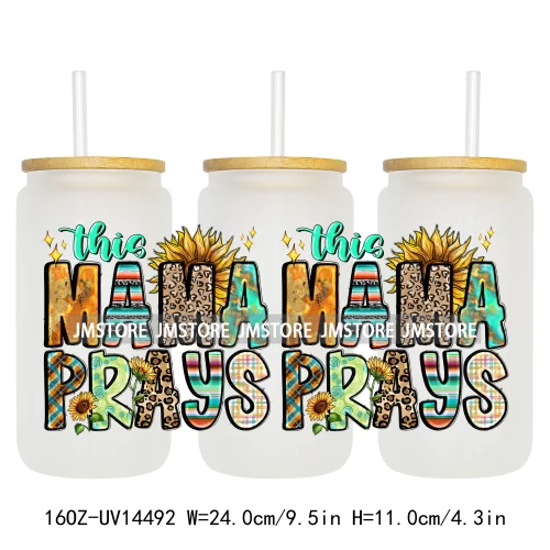 Floral Blessed Mama Leopard Mom 16OZ UV DTF Cup Wraps Ready To Apply Waterproof Transfer Stickers For Libbey Glass Can Tumbler