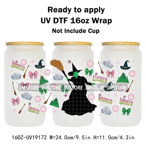Coquette Green Pink Wicked Witch 16OZ UV DTF Cup Wraps Ready To Apply Waterproof Transfer Stickers For Libbey Glass Can Tumbler