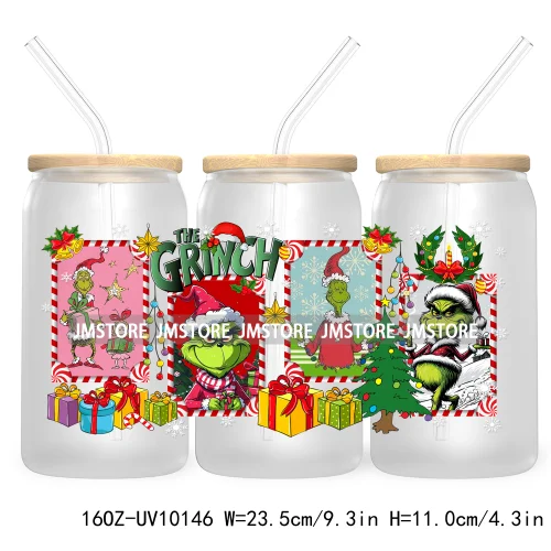 Christmas Coffee Cups Green Guy 16OZ UV Cup Wrap DTF Transfer Stickers For Libbey Glass Can Cup Tumbler Waterproof Label Cartoon