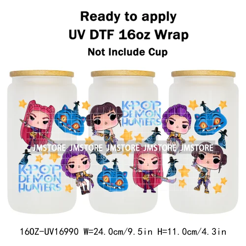 Kpop Demon Inspired Movie Boy Band Hunter Girl Anime Fan UV DTF Wraps Transfer Sticker Waterproof Logo For 16OZ Libbey Glass Can