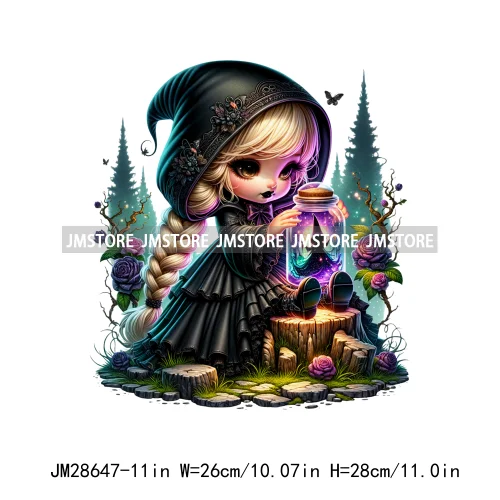 Gothic Girl Gnomes Halloween Witch Dolls Black Flowers Horror Vibes Iron On DTF Transfers Stickers Ready To Press For Clothing